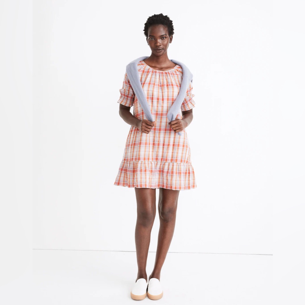 Madewell Plaid Ruffle Sleeve Popover Mini Dress Size Small